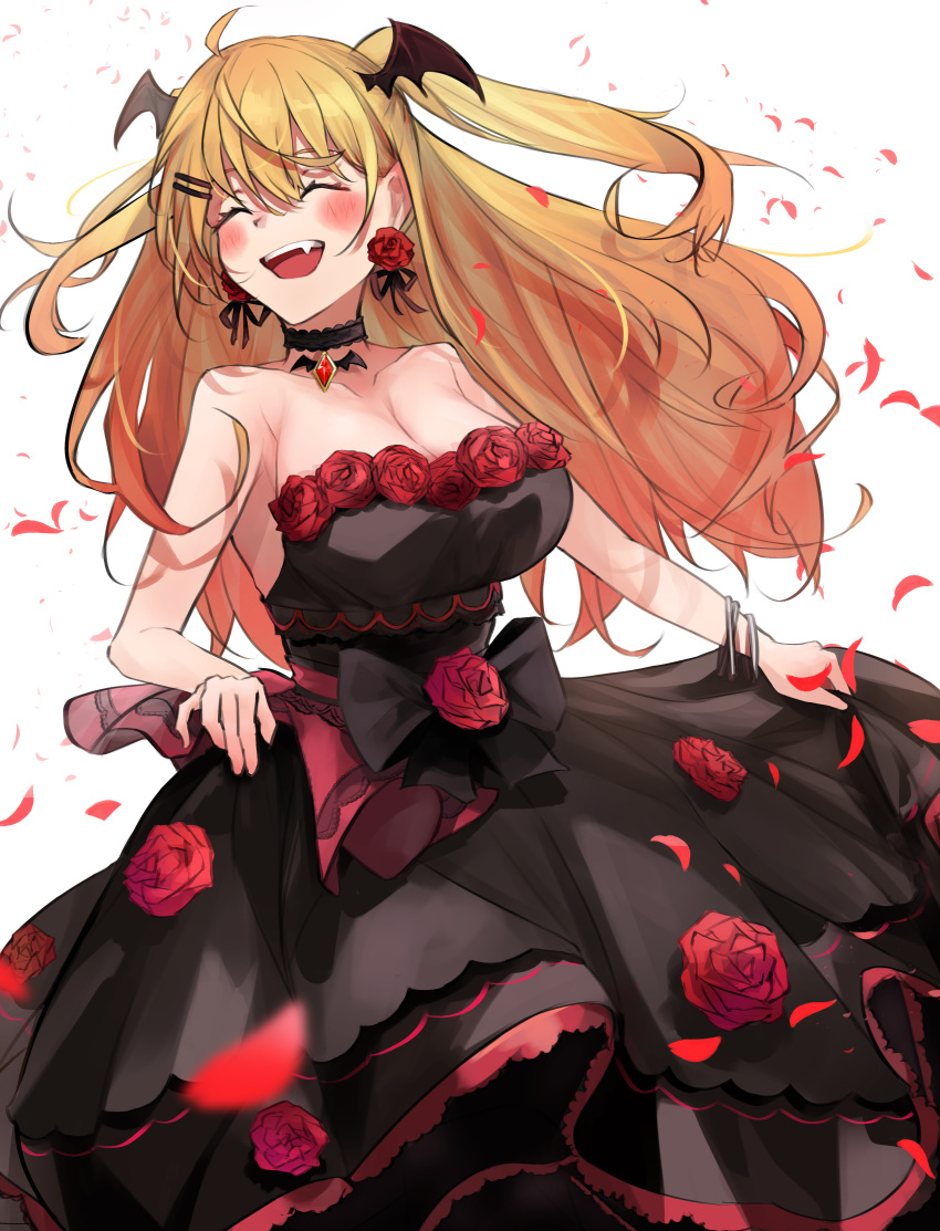 1girl absurdres alternate_costume bare_shoulders black_dress blonde_hair blush bracelet breasts choker cleavage closed_eyes collarbone cowboy_shot dress dress_lift earrings facing_to_the_side falling_petals fangs flower flower_earrings frilled_dress frills gradient_hair hair_ornament hairclip head_wings highres hololive huge_breasts jewelry lace-trimmed_choker lace_trim laughing long_hair multicolored_hair open_mouth orange_hair pendant_choker petals riku19981209 rose rose_petals solo vampire virtual_youtuber white_background yozora_mel