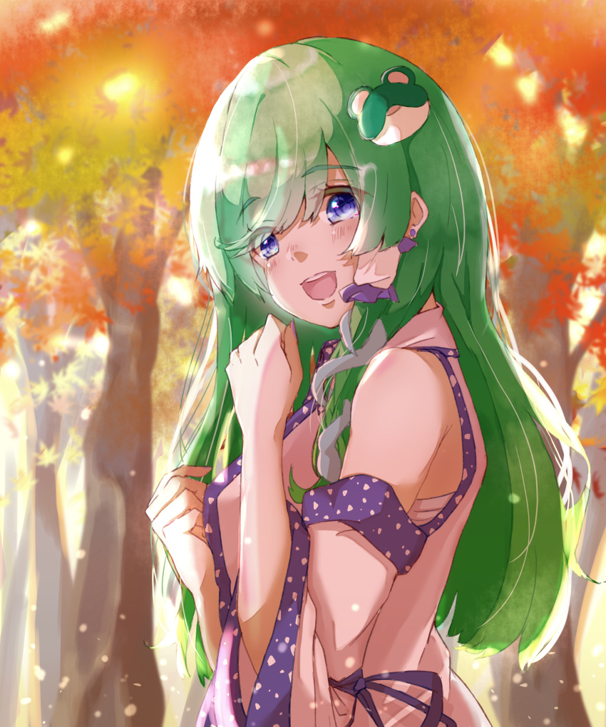 1girl :d absurdres autumn autumn_leaves bangs bare_shoulders blue_eyes blue_nails blue_ribbon blush collared_shirt commentary_request detached_sleeves earrings eyebrows_visible_through_hair eyes_visible_through_hair fingernails forest frog_hair_ornament from_side green_hair gumi_(fwjn7284) hair_ornament hair_over_one_eye hair_tubes hand_on_own_chest hand_to_own_mouth hands_up highres jewelry kochiya_sanae long_fingernails long_hair looking_at_viewer looking_to_the_side nail_polish nature nose_blush open_mouth ribbon sarashi shirt sidelocks sleeveless sleeveless_shirt smile snake_hair_ornament solo swept_bangs touhou tree upper_body upper_teeth white_shirt wide_sleeves