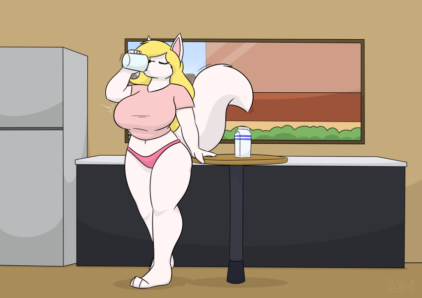 anthro arctic_fox big_breasts big_tail blonde_hair breasts canid canine clothing eva_(kleiny) eyes_closed female fox fridge fur hair hi_res huge_breasts mammal milk panties solo standing theroflcoptr underwear white_body white_fur window