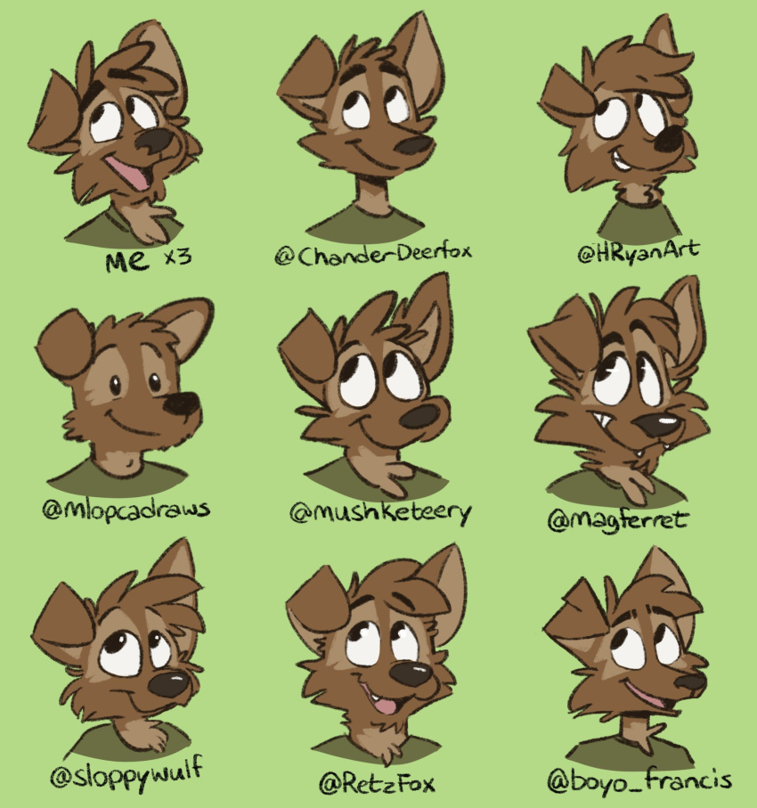 anthro canid canine canis clothing domestic_dog green_background green_clothing green_shirt green_topwear hi_res looking_up male mammal matt_riskely names open_mouth portrait shirt simple_background solo teeth_showing text tinydeerguy tongue_showing topwear