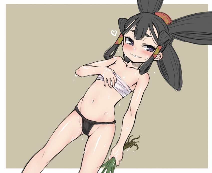 1girl adjusting_clothes bare_arms bare_legs bare_shoulders black_eyes black_fundoshi black_hair blush border commentary_request eyebrows_visible_through_hair feet_out_of_frame flat_chest fundoshi hair_ornament hair_rings hair_tubes heart heart-shaped_pupils highres japanese_clothes long_hair naughty_face navel parted_lips sakuna-hime sarashi senbei_(avocadochaya) short_eyebrows simple_background smile solo sweat symbol-shaped_pupils tensui_no_sakuna-hime weeds white_border