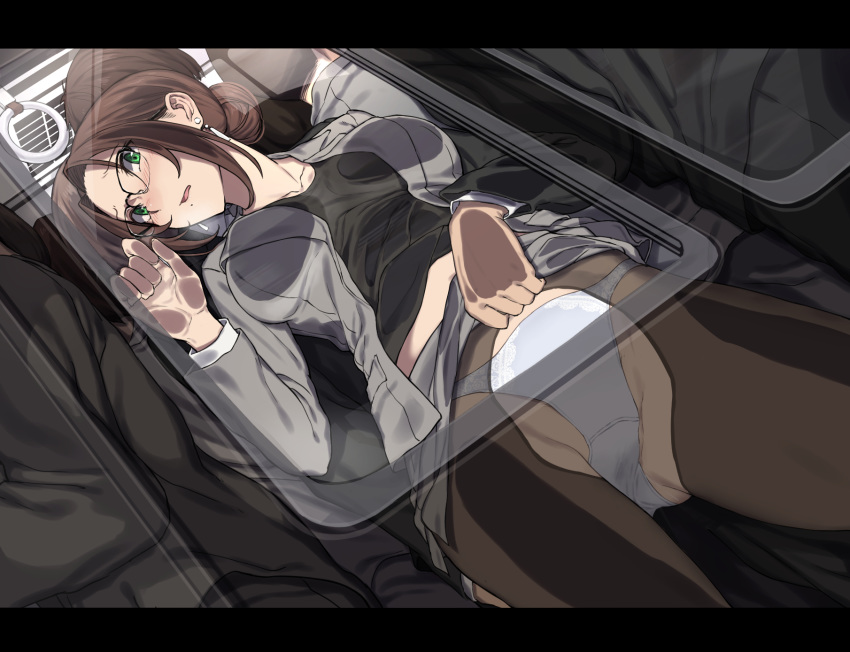 1girl against_glass black-framed_eyewear black_legwear black_shirt blush brown_hair chikan earrings faceless faceless_male formal glasses grabbing green_eyes grey_blazer grey_skirt groping ground_vehicle hair_bun highres jewelry lifted_by_another midriff miniskirt mole mole_under_mouth molestation nagioka navel office_lady open_mouth original over-rim_eyewear panties pantyhose pencil_skirt public semi-rimless_eyewear shirt sidelocks skirt skirt_lift skirt_suit standing suit torn_clothes torn_legwear train train_interior underwear white_panties