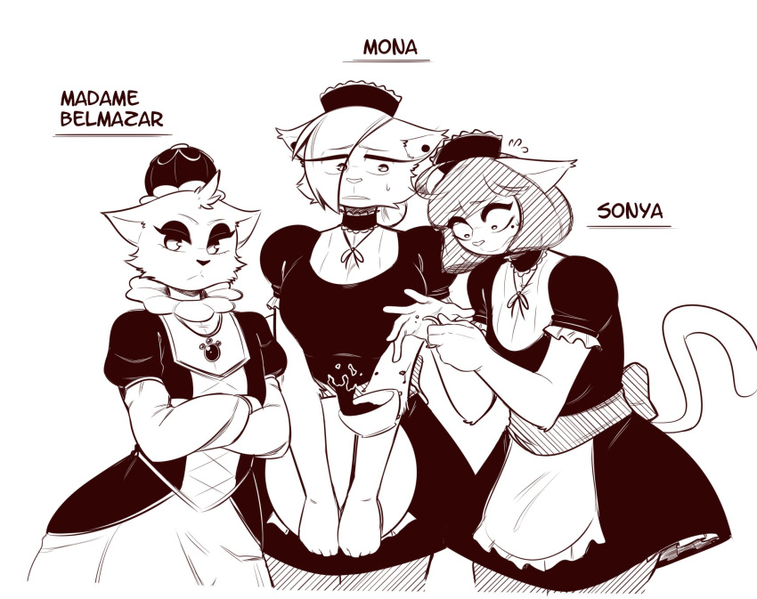 anthro averyshadydolphin beverage clothing crossed_arms crown domestic_cat dress felid feline felis female group hi_res kitty_(averyshadydolphin) looking_at_viewer maid_uniform mammal mona_(averyshadydolphin) nervous sonya_(averyshadydolphin) spill spilled_drink tea uniform wide_hips