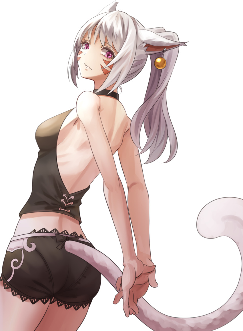 1girl arms_behind_back bangs bare_back bare_shoulders black_shorts breasts cat_girl cat_tail cross-laced_clothes earrings facial_mark final_fantasy final_fantasy_xiv hands_together highres jewelry long_hair looking_at_viewer looking_back medium_breasts miqo'te ojiki pantylines ponytail purple_eyes shirt shorts sideboob sidelocks simple_background sleeveless sleeveless_shirt solo tail white_background white_hair
