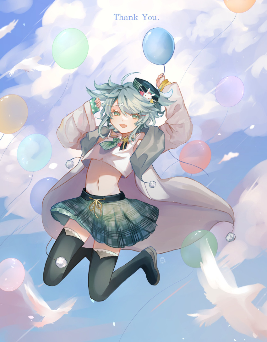 1boy :d absurdres ahoge balloon black_legwear blue_sky blush boots cloud crop_top floating full_body green_eyes green_hair hair_ornament hairclip happy hat hat_pin highres holding holding_balloon holostars jacket kagami_kira long_sleeves looking_at_viewer male_focus midriff navel necktie open_mouth otoko_no_ko pleated_skirt pom_pom_(clothes) skirt sky smile solo tehnyo thigh_boots thighhighs virtual_youtuber