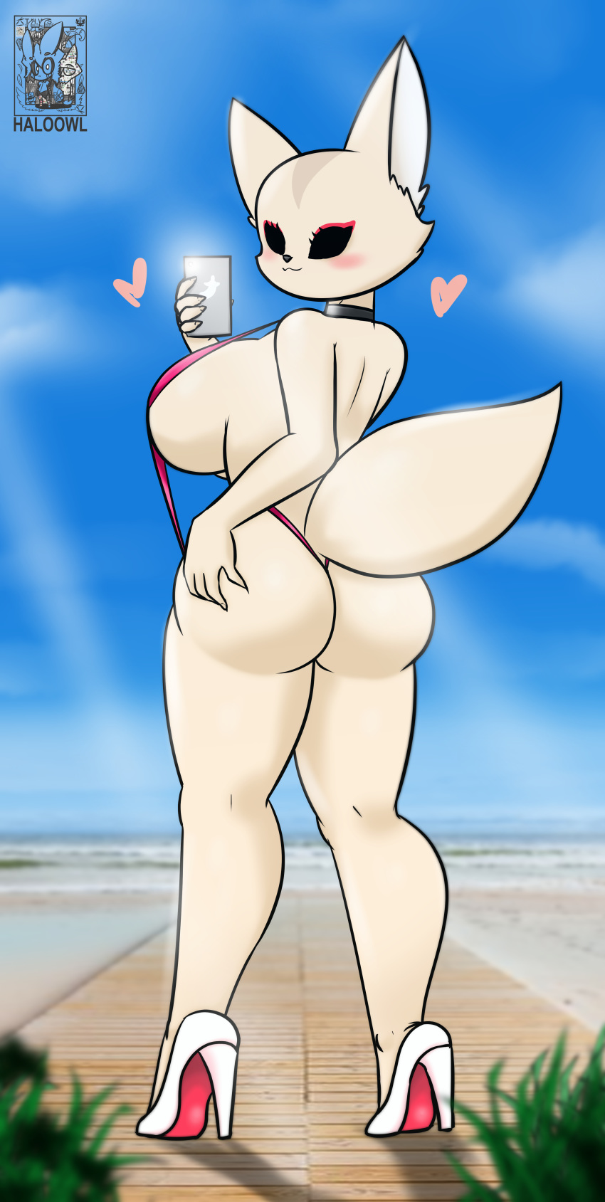 &lt;3 absurd_res aggressive_retsuko anthro beach big_breasts big_butt bikini bikini_thong blush breasts butt canid canine cellphone clothing female fenneko footwear fox halotroll hi_res high_heels holding_butt mammal phone sanrio seaside shoes sling_bikini solo swimwear