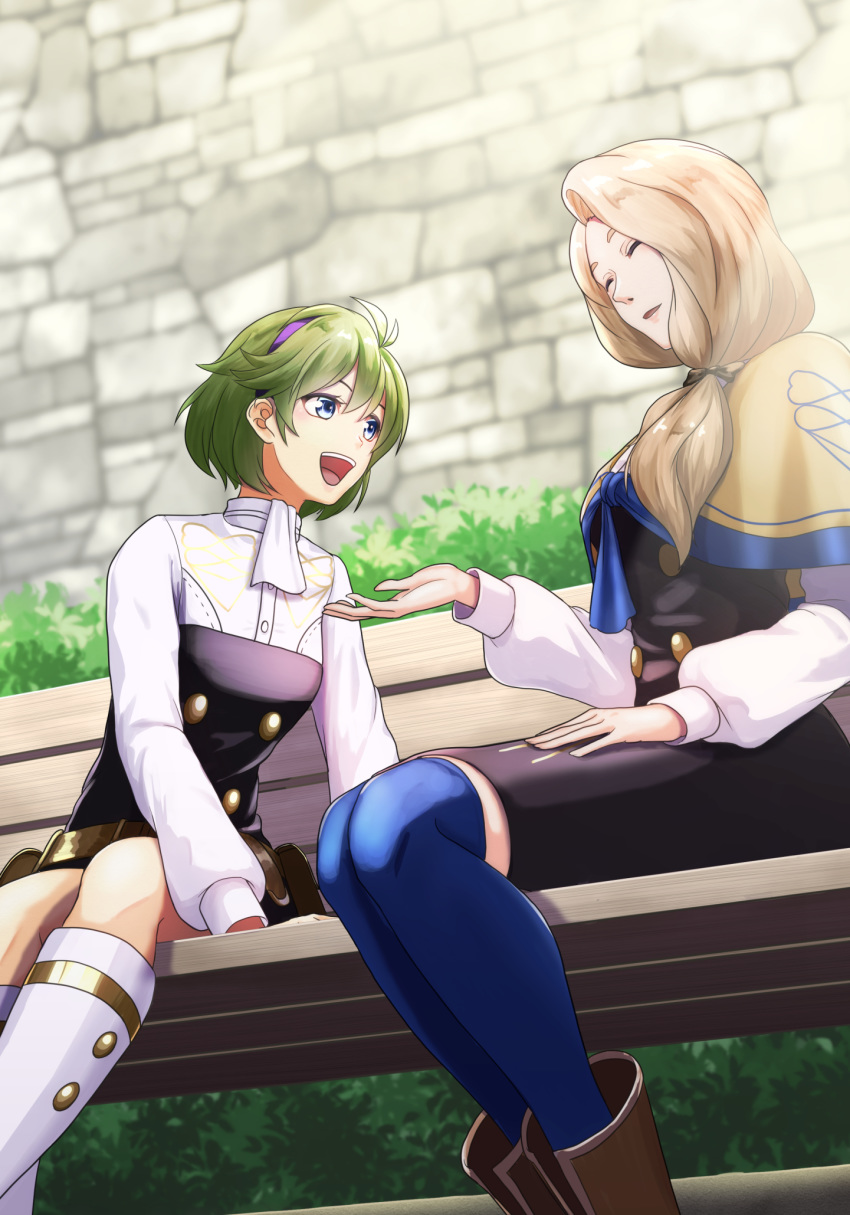 2girls alternate_costume bench blue_eyes boots fire_emblem fire_emblem:_the_blazing_blade fire_emblem:_three_houses garreg_mach_monastery_uniform hedge_(plant) highres mercedes_von_martritz multiple_girls nino_(fire_emblem) shawl sitting sukkirito_(rangusan) thighhighs