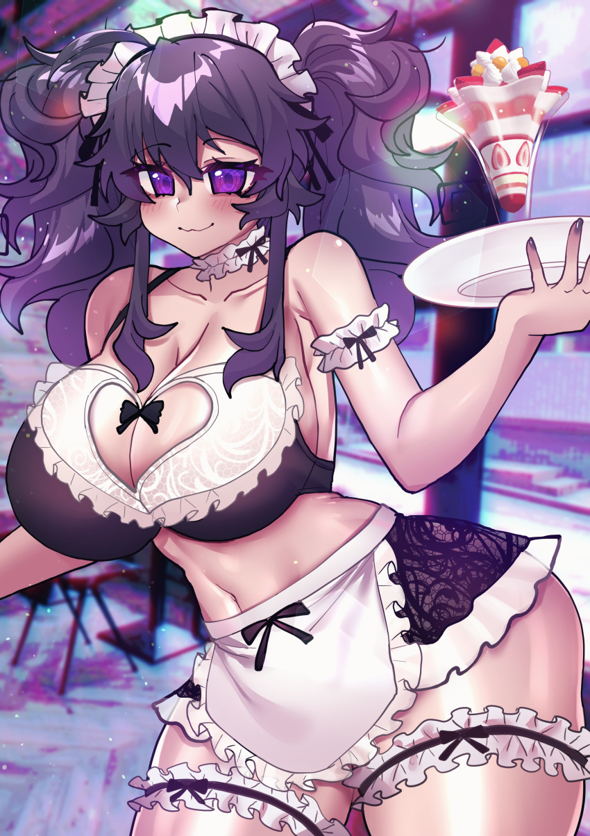 1girl :3 absurdres black_bow bow breasts cafe chair cleavage cleavage_cutout clothing_cutout curvy eyebrows eyebrows_visible_through_hair food fruit highres ice_cream large_breasts maid nyarla_(osiimi) original osiimi parfait plate purple_eyes purple_hair purple_nails strawberry table thick_thighs thighs twintails vaporwave whipped_cream