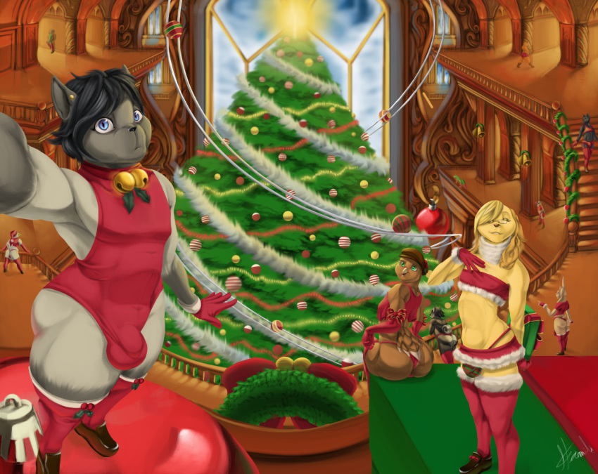 anthro avian bell bird bird_dog blue_eyes bulge canid canine canis christmas christmas_tree clothing domestic_cat domestic_dog felid feline felis fur galliform gift girly gloves golden_retriever green_eyes group hamili handwear holidays hunting_dog lagomorph leporid looking_at_viewer male mammal multicolored_body multicolored_fur ornament panties phasianid pose rabbit retriever selfie siamese smile snow stairs tree turkey underwear