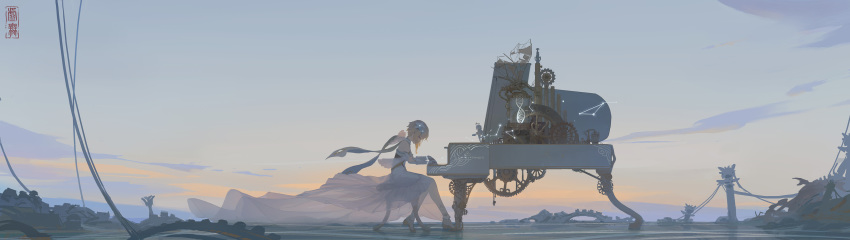 2girls absurdres bare_shoulders blonde_hair closed_eyes cloud commentary_request constellation dress flower gears genshin_impact grand_piano hair_flower hair_ornament halo highres instrument long_image long_scarf looking_at_another lumine_(genshin_impact) multiple_girls music outdoors paimon_(genshin_impact) piano piano_bench playing_instrument playing_piano profile ruins scarf sheer_clothes short_hair short_hair_with_long_locks tagme thighhighs torch twilight void_0 white_dress white_legwear white_scarf wide_image