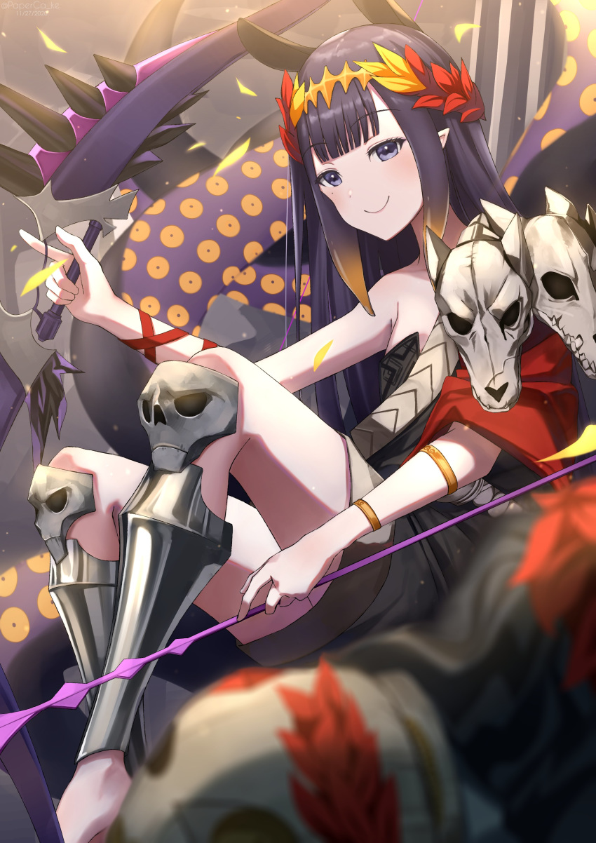 1girl absurdres animal_skull arrow_(projectile) bangs black_footwear blunt_bangs blurry bow_(weapon) cosplay depth_of_field flat_chest flygoniq hades hades_(cosplay) hades_(game) highres holding holding_arrow holding_bow_(weapon) holding_weapon hololive hololive_english knee_pads knees_up laurel_crown looking_at_viewer mole mole_under_eye ninomae_ina'nis pillar pointy_ears purple_hair sabaton sidelocks sitting skull smile solo tentacle_hair tentacles weapon
