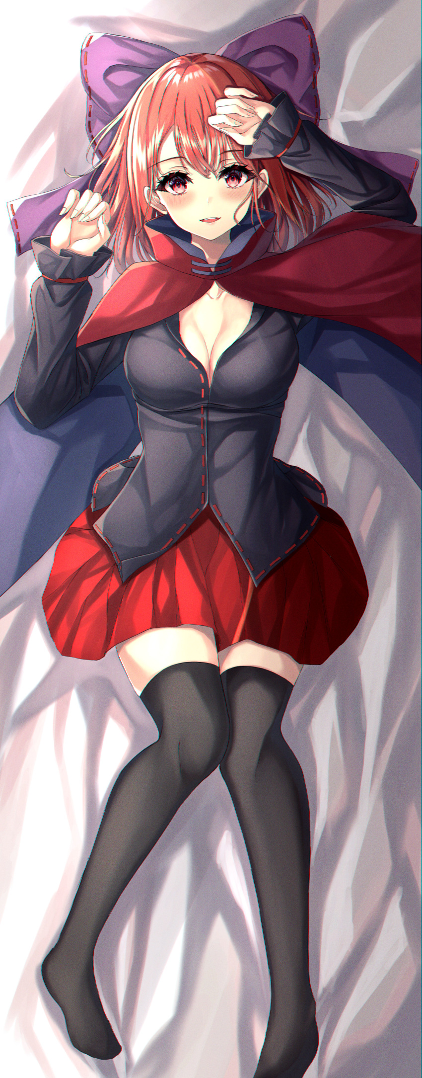 1girl absurdres bed_sheet black_legwear black_shirt blush bow breasts cape cleavage collarbone dakimakura foot_out_of_frame hair_between_eyes hair_bow hand_on_forehead highres kure:kuroha long_sleeves looking_at_viewer lying medium_breasts on_back parted_lips purple_bow red_cape red_eyes red_hair red_skirt sekibanki shirt short_hair skirt smile solo thighhighs touhou zettai_ryouiki