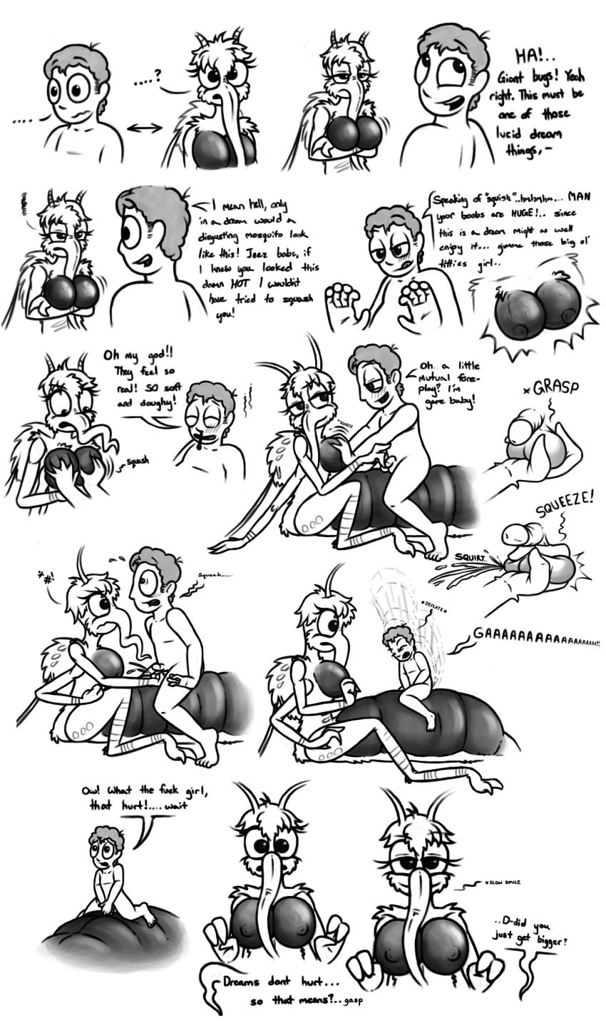 absurd_res angry anthro arthropod ball_grab ball_squish balls big_breasts blood bodily_fluids breast_grab breasts dipteran duo english_text female genitals half-dude hand_on_breast hi_res human insect male male/female mammal misty_(half-dude) monochrome mosquito multi_arm multi_limb nosebleed penis profanity reversal shrinking size_transformation squish text transformation