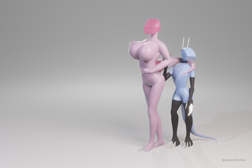 3:2 3d_(artwork) a_series absurd_res ambiguous_gender animatronic anthro big_breasts blender_(software) breasts clothing digital_media_(artwork) duo english_text eyeless featureless_breasts featureless_crotch female female/female hi_res huge_breasts humanoid jacksonbottestr legwear looking_at_viewer machine not_furry null robot simple_background size_difference standing stockings text video_games white_background widescreen