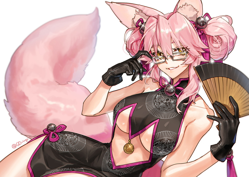 1girl adjusting_eyewear alternate_hairstyle animal_ears bangs bare_arms bare_legs bare_shoulders black_gloves bow breasts china_dress chinese_clothes commentary double_bun dress fan fate/grand_order fate_(series) fox_ears fox_tail g0ringo glasses gloves hair_bow hair_ornament hair_up holding holding_fan koyanskaya large_breasts looking_at_viewer lying midriff midriff_cutout on_side pink_bow pink_hair shiny shiny_hair side_bun sidelocks sleeveless sleeveless_dress smile solo tail twitter_username underboob yellow_eyes