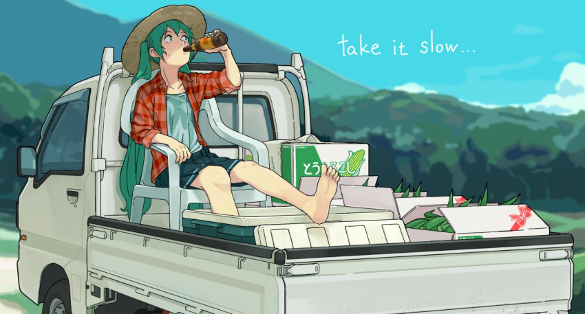 1girl alternate_costume bare_legs barefoot blurry blurry_background car drinking english_text green_eyes green_hair green_nails ground_vehicle hat hatsune_miku long_hair motor_vehicle mountain nail_polish pleated_skirt shima_(landsuzume) shirt sitting skirt soles solo vocaloid