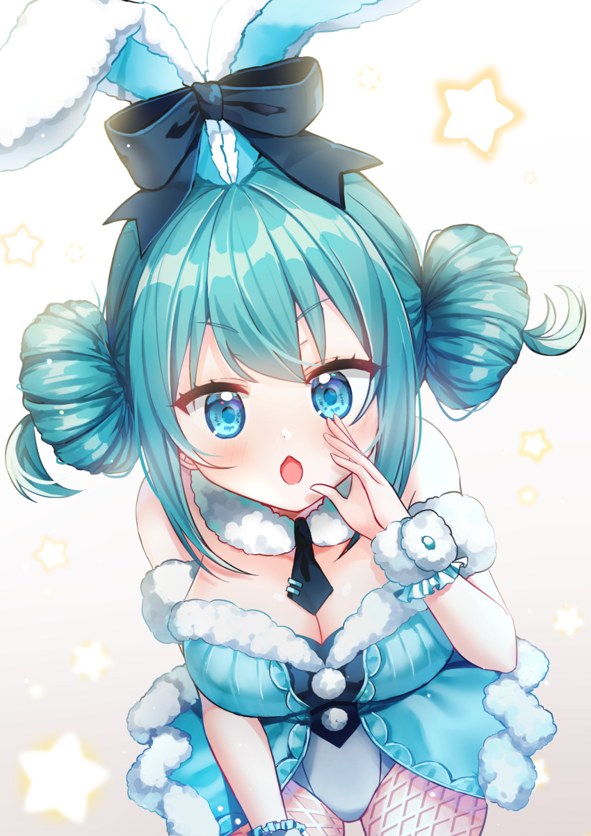 1girl animal_ears aqua_hair bangs bare_shoulders bicute_bunnies_miku black_bow black_neckwear blue_eyes blush bow breasts brown_background bunny_ears cleavage commentary_request double_bun eyebrows_visible_through_hair fishnet_legwear fishnets fur_collar fur_trim gradient gradient_background hand_to_own_mouth hand_up hatsune_miku highres leotard looking_at_viewer mamel_27 medium_breasts necktie open_mouth pantyhose short_necktie sidelocks solo starry_background strapless strapless_leotard v-shaped_eyebrows vocaloid white_background white_leotard wrist_cuffs