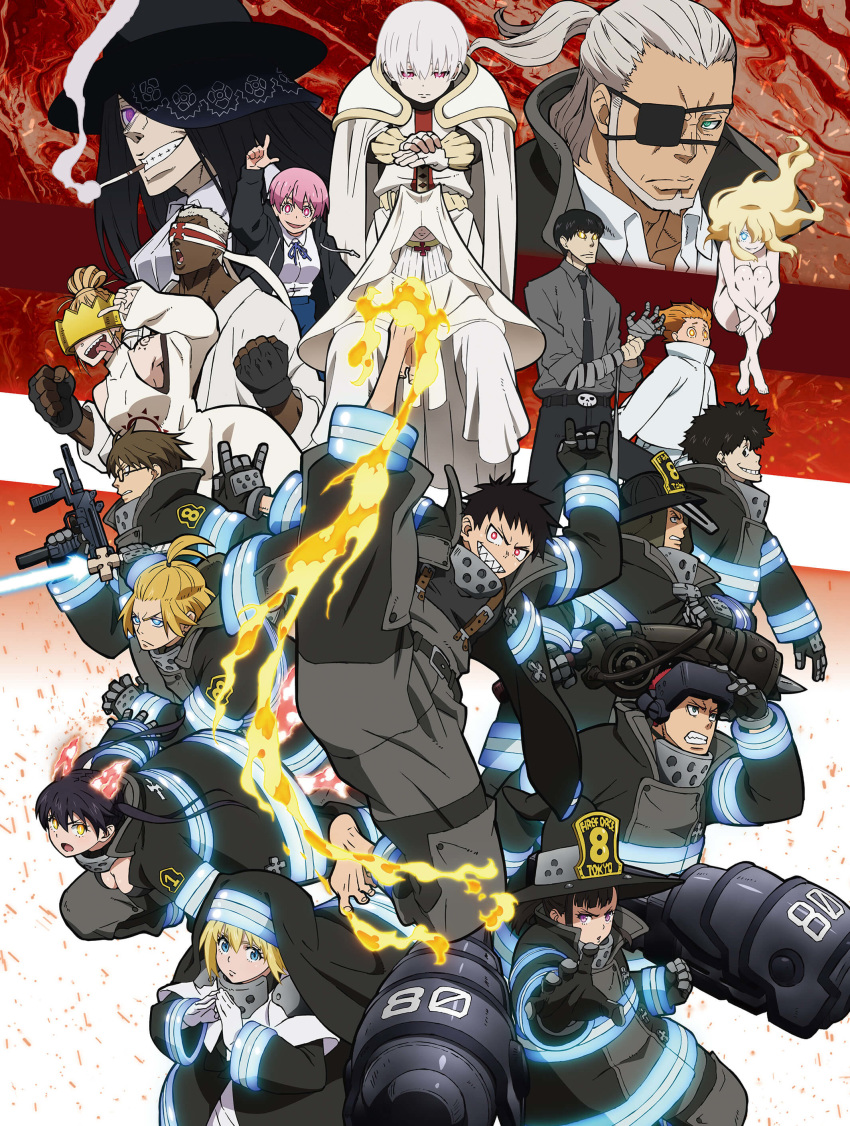 6+boys 6+girls absurdres akitaru_oubi arthur_boyle bandaged_arm bandages barefoot beard belt_buckle black_hair blonde_hair blue_eyes breasts brown_hair buckle character_request charon_(en'en_no_shouboutai) cigarette cleavage dark_skin dark_skinned_male en'en_no_shouboutai eyepatch facial_hair fingerless_gloves fire gloves glowing glowing_eyes grey_hair grin gun hat haumea highres iris_(en'en_no_shouboutai) joker_(en'en_no_shouboutai) kasugatani_inca kurono_yuuichirou leonard_burns long_hair looking_at_viewer maki_oze multiple_boys multiple_girls nataku_son necktie official_art open_mouth pink_eyes pink_hair red_eyes sharp_teeth shinra_kusakabe short_hair shou_kusakabe smile smoking submachine_gun suspenders takehisa_hinawa tamaki_kotatsu teeth tongue tongue_out uniform viktor_licht vulcan_joseph weapon white_hair yellow_eyes