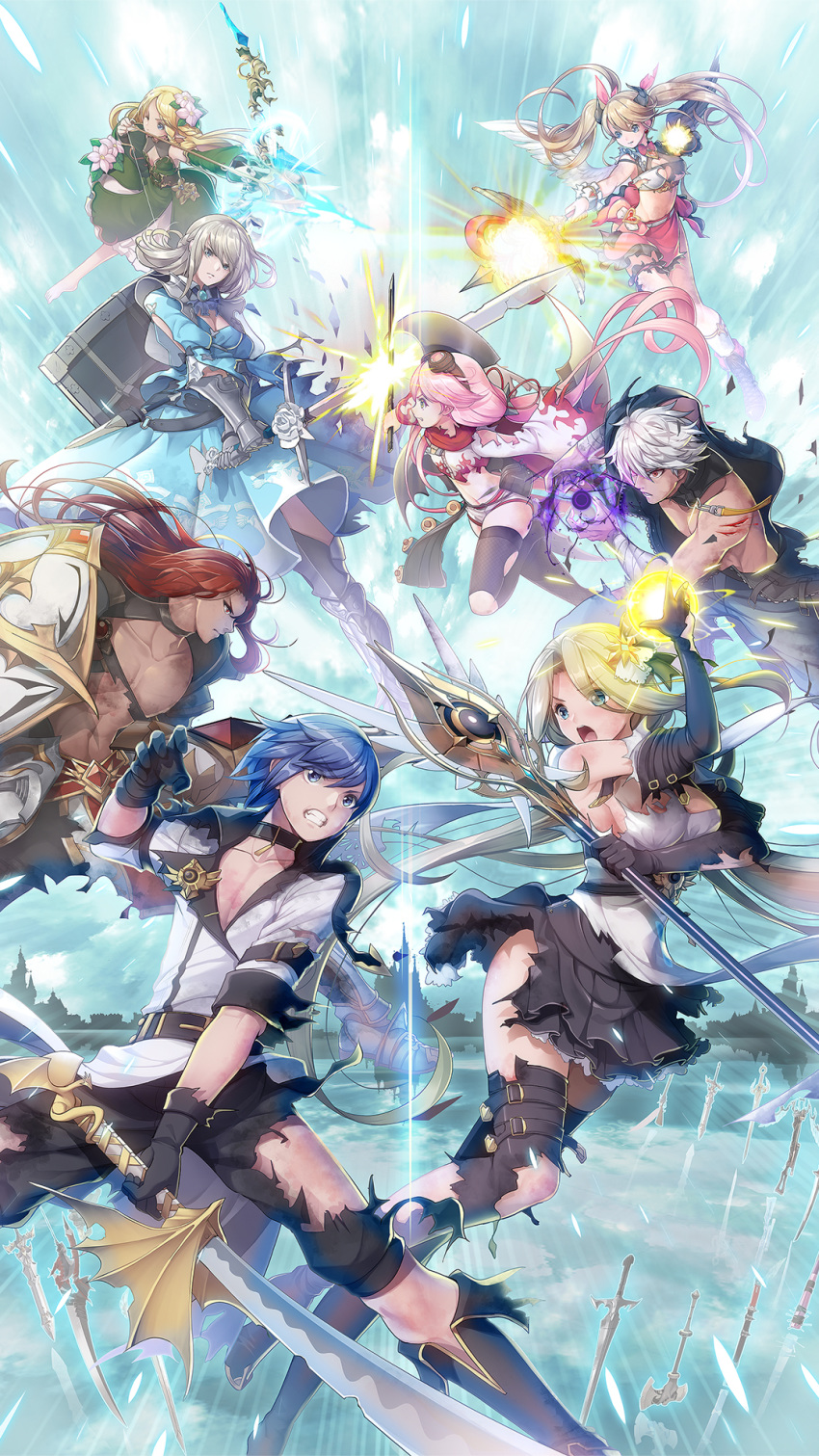 4boys 5girls arrow_(projectile) black_gloves black_legwear bleeding blonde_hair blood blue_eyes blue_hair bow bow_(weapon) braid broken brown_hair cuts dark_skin dark_skinned_male day eye_contact flower gauntlets gloves goggles goggles_on_head gun hair-bow hair_flower hair_ornament hand_up highres holding holding_bow_(weapon) holding_shield holding_staff holding_sword holding_weapon injury koflif long_hair looking_at_another magic midriff multiple_boys multiple_girls navel orb original outdoors pink_bow pink_hair planted_weapon purple_eyes red_eyes red_hair shield silver_hair staff sword thigh_strap torn_clothes twintails weapon white_wings wings
