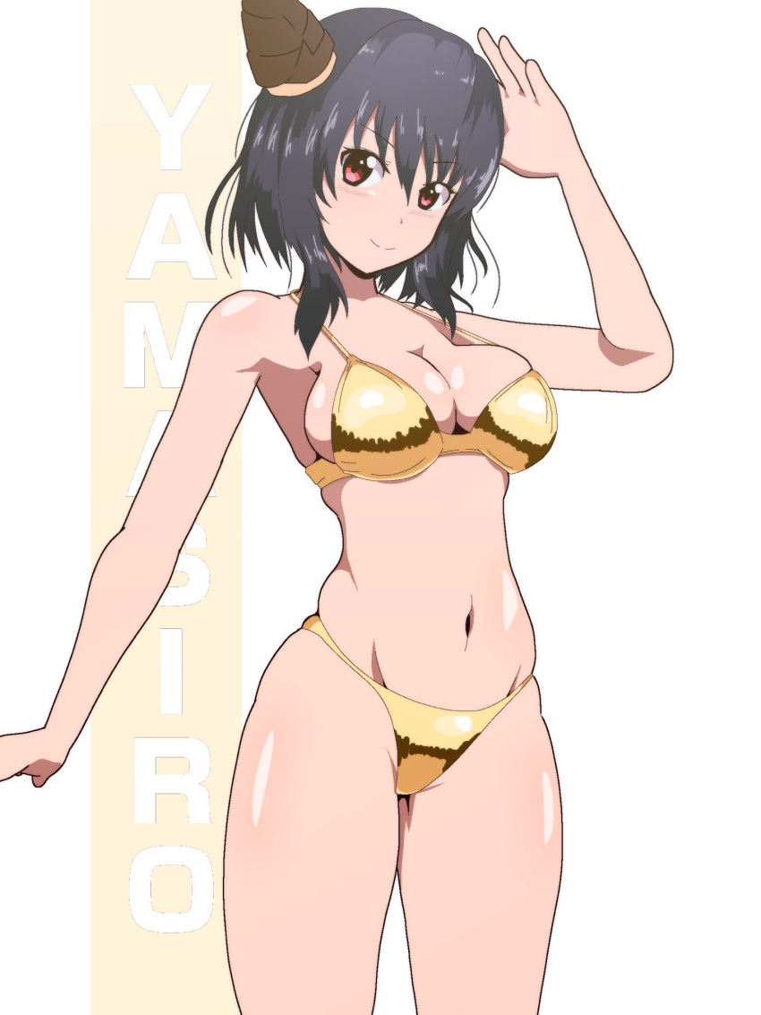 1girl bamboo_shoot black_hair character_name commentary_request cowboy_shot gold_bikini hair_ornament highres kantai_collection looking_at_viewer navel red_eyes salute short_hair solo standing unakyuu_vanilla yamashiro_(kantai_collection)