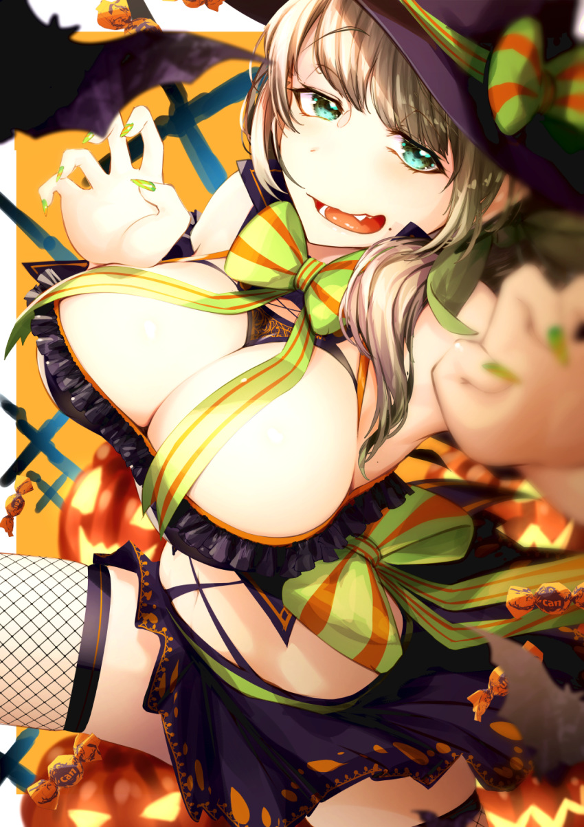 1girl alternate_costume aqua_eyes bangs bare_shoulders bat black_legwear blurry_foreground blush bow bowtie breasts brown_hair candy claw_pose cleavage cleavage_cutout clothing_cutout cluseller commentary_request crop_top english_commentary eyebrows_visible_through_hair fang fishnet_legwear fishnets food frills green_bow green_nails green_neckwear green_ribbon hair_ribbon half-closed_eyes halloween hands_up happy hat hat_bow hat_ribbon highres hinamizawa_kurumi jack-o'-lantern large_breasts light_blush looking_at_viewer midriff miniskirt mixed-language_commentary mole mole_under_mouth nail_polish navel open_mouth partial_commentary pleated_skirt pumpkin purple_headwear purple_shirt purple_skirt pygmalion._(group) ribbon shiny shiny_hair shirt side_ponytail sideways_mouth skindentation skirt sleeveless sleeveless_shirt smile solo spread_legs stomach striped striped_neckwear teeth thighhighs tied_hair tongue virtual_youtuber witch witch_hat