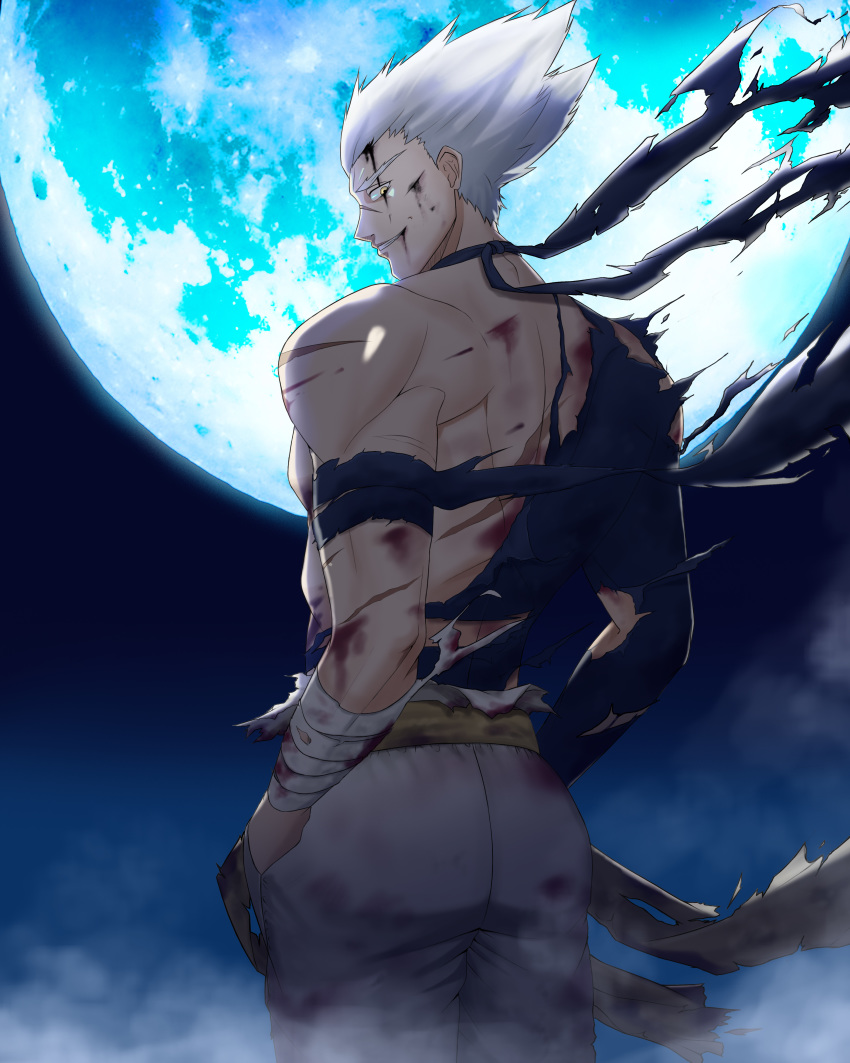 1boy absurdres bandaged_arm bandages battle_damage belt black_shirt blood blood_on_face bruise bruise_on_face cuts damaged garou_(one-punch_man) hands_in_pockets highres injury male_focus moon night night_sky one-punch_man pants pointy_hair shirt sky smile torn_clothes torn_shirt white_hair white_pants yellow_belt yellow_eyes yngh2445