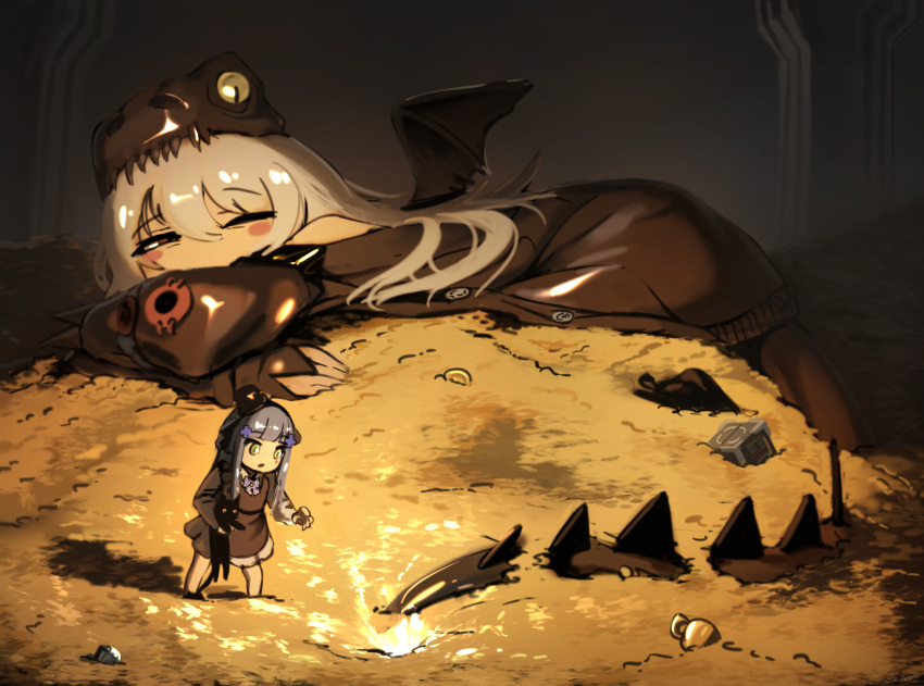 2girls cat changetofantasy copyright_request g11_(girls_frontline) girls_frontline gold_coin green_eyes grey_hair highres hk416_(girls_frontline) lord_of_the_rings multiple_girls pile red_eyes silver_hair sleeping tagme waking_up