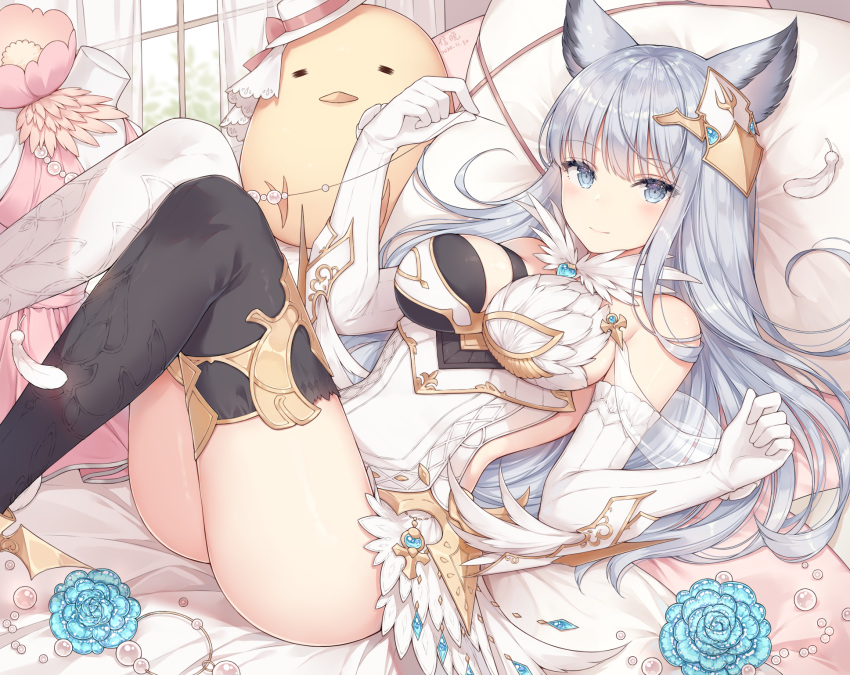 1girl animal_ears ass ayuanlv bare_shoulders bed black_legwear breasts dress elbow_gloves erune gloves granblue_fantasy grey_eyes hair_ornament hands_up highres korwa large_breasts legs_up long_hair looking_at_viewer lying mismatched_legwear on_back on_bed pillow short_dress sideless_outfit silver_hair smile solo stuffed_chicken thighhighs thighs white_dress white_gloves white_legwear