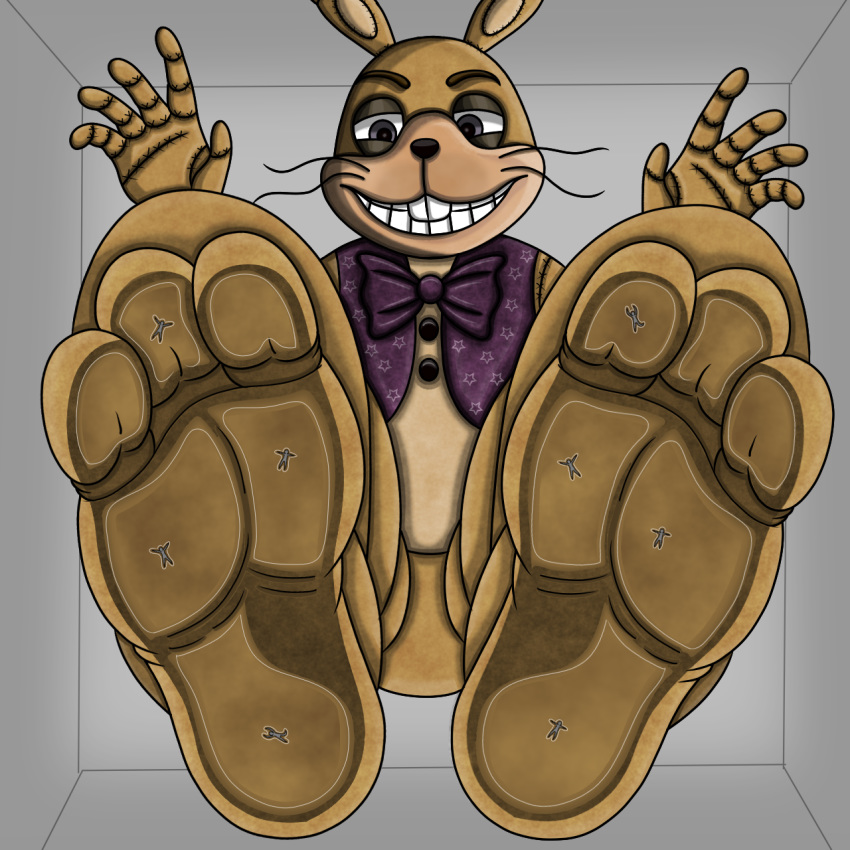 1:1 2019 3_toes 5_fingers ambiguous_gender anthro barefoot big_feet black_nose bottomless bow_tie brown_body brown_ears brown_eyebrows buckteeth clothed clothing eyebrows featureless_crotch feet fingers five_nights_at_freddy's five_nights_at_freddy's_vr:help_wanted fnaf_vr_help_wanted foot_fetish foot_focus glitchtrap grey_background grey_eyes group hi_res lagomorph leporid long_ears looking_down male male_focus mammal micro mostly_nude multicolored_body multicolored_ears narrowed_eyes pawpads rabbit simple_background sitting smashcuenta123 smile solo_focus squint squish tan_body tan_ears teeth toes topwear vest video_games whiskers