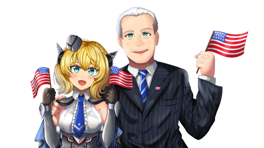 1boy 1girl american_flag blonde_hair blue_eyes colorado_(kantai_collection) dress garrison_cap grey_dress grey_headwear hand_on_another's_shoulder happy hat headgear highres joe_biden kantai_collection maxim-al necktie open_mouth shirt short_hair side_braids sleeveless white_shirt