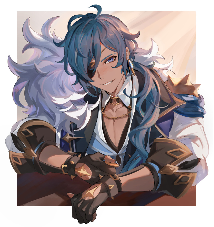 1boy absurdres arm_rest blue_eyes blue_hair border brown_gloves chain collarbone dark_skin dark_skinned_male earrings eyepatch fur_trim genshin_impact gloves grin hair_between_eyes highres holding jacket jewelry kaeya_(genshin_impact) long_hair looking_at_viewer mahi_(g808080ga) male_focus shoulder_guard simple_background smile solo table teeth upper_body white_jacket