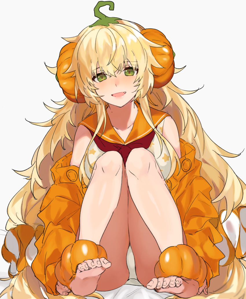 1girl aogisa barefoot blonde_hair blush dress eyebrows_visible_through_hair food_themed_hair_ornament girls_frontline green_eyes hair_ornament highres jacket long_hair looking_at_viewer no_shoes open_mouth orange_jacket panties pantyshot pumpkin_costume pumpkin_hair_ornament s.a.t.8_(girls_frontline) sitting soles solo underwear white_background white_panties