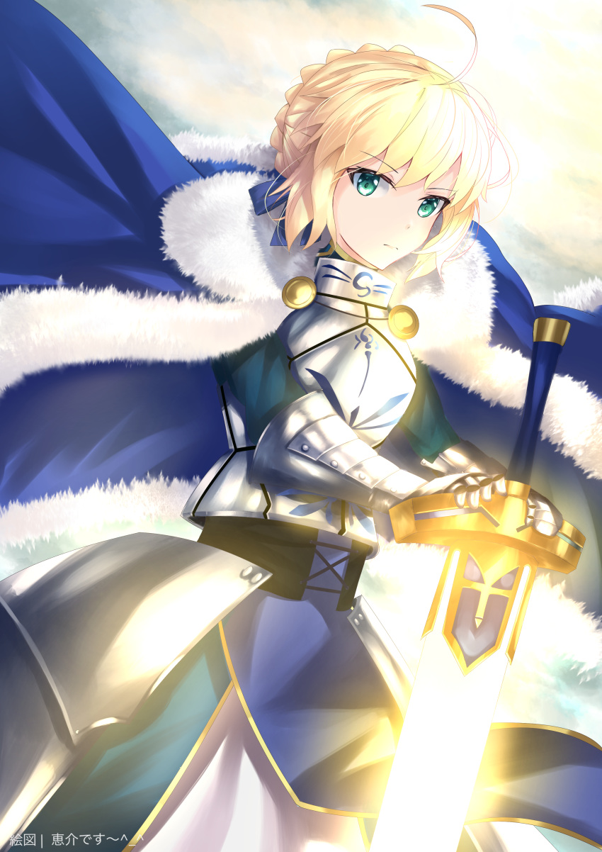 1girl absurdres ahoge armor armored_dress artoria_pendragon_(all) back blonde_hair blue_cape braid cape dutch_angle excalibur fate/grand_order fate/stay_night fate_(series) french_braid fur-trimmed_cape fur_trim glowing glowing_sword glowing_weapon green_eyes highres keisuke_desu~ looking_at_viewer planted_sword planted_weapon saber solo sword weapon white_background