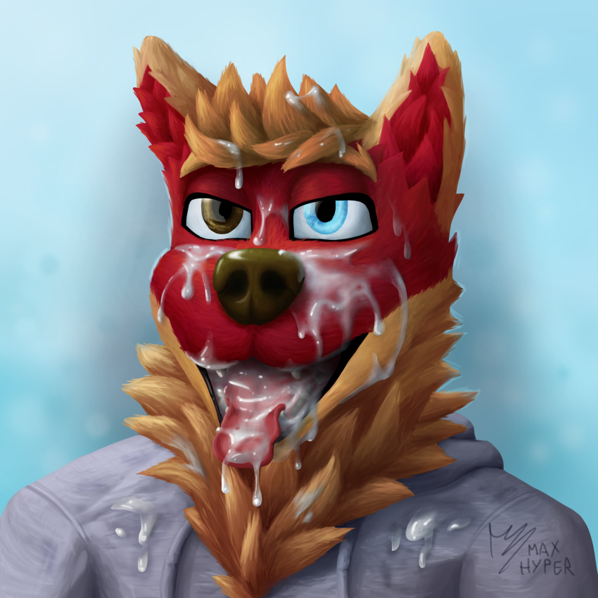 absurd_res anthro bodily_fluids canid canine canis clothing cum cum_in_mouth cum_inside cum_inside_mouth cum_on_clothing cum_on_face cum_on_fur domestic_dog genital_fluids hi_res husky kimmi_(character) male mammal max_hyper nordic_sled_dog slutty_face solo spitz