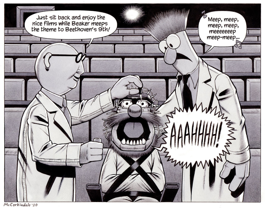 2020 4_fingers a_clockwork_orange alex_delarge animal_(muppets) anthro bald beaker_(muppets) beard big_nose black_and_white border bruce_mccorkindale bunsen_honeydew clothing coat crossover english_text eye_drops eyebrows eyes_forced_open eyewear facial_hair fingers glasses greyscale group hi_res humanoid lab_coat male monochrome monster movie_seat movie_theater muppet muppets musical_note mustache necktie open_mouth parody screaming shirt signature singing speech_bubble spiked_hair stanley_kubrick straitjacket teeth text the_muppet_show topwear unibrow white_border wide_eyed
