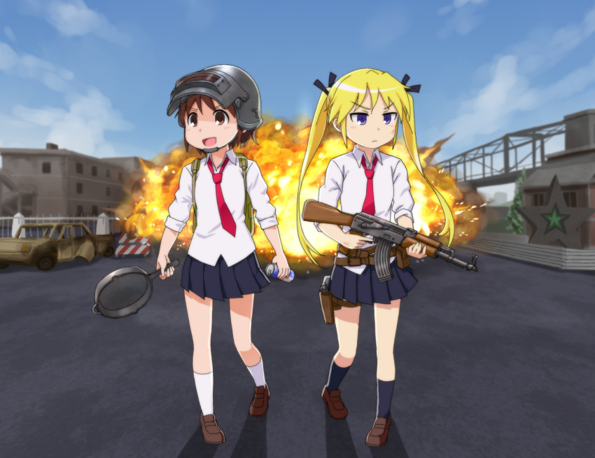 2girls :d backpack bag bangs black_legwear black_ribbon black_skirt blonde_hair blue_sky blush brown_eyes brown_footwear brown_hair building can car closed_mouth cloud collared_shirt commentary_request energy_drink explosion frown frying_pan ground_vehicle gun hair_ribbon holding holding_can holding_frying_pan holding_gun holding_weapon holster kill_me_baby long_hair looking_to_the_side loose_necktie mohya motor_vehicle multiple_girls necktie open_mouth oribe_yasuna outdoors playerunknown's_battlegrounds pleated_skirt purple_eyes red_bull red_neckwear ribbon rifle school_uniform shadow shiny shiny_hair shirt shoes short_hair skirt sky sleeves_rolled_up smile socks sonya_(kill_me_baby) star_(symbol) thigh_holster twintails walking weapon weapon_request white_legwear white_shirt