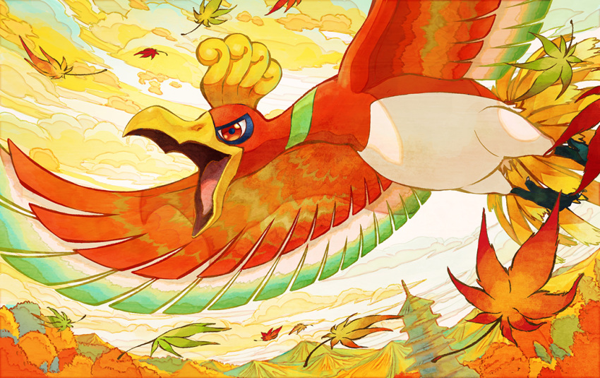 autumn_leaves building commentary_request day flying from_below gen_2_pokemon ho-oh leaves_in_wind legendary_pokemon mountainous_horizon no_humans open_mouth outdoors pokemon pokemon_(creature) red_eyes solo talons tami_yagi tongue tower