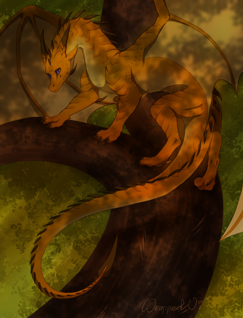 2020 ambiguous_gender claws day detailed_background digital_media_(artwork) dragon feral forest hi_res horn membrane_(anatomy) membranous_wings outside purple_eyes scales scalie smile solo spines tree western_dragon wings wrappedvi