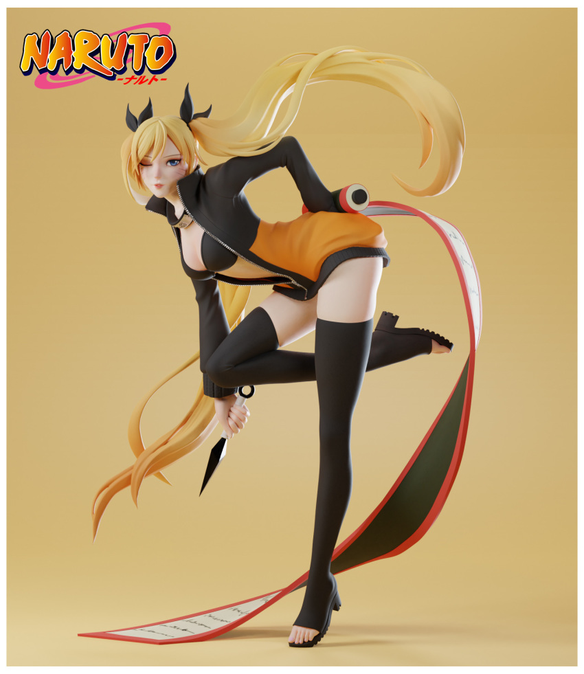 1girl 3d bent_over black_bra black_legwear blender_(medium) blonde_hair blue_eyes boots bra breasts cleavage genderswap genderswap_(mtf) highres joao_comassetto kunai long_hair naruko naruto naruto_(series) naruto_shippuuden no_pants one_eye_closed parted_lips scroll solo thigh_boots thighhighs toeless_boots tongue tongue_out twintails underwear uzumaki_naruto very_long_hair weapon whisker_markings whiskers zbrush