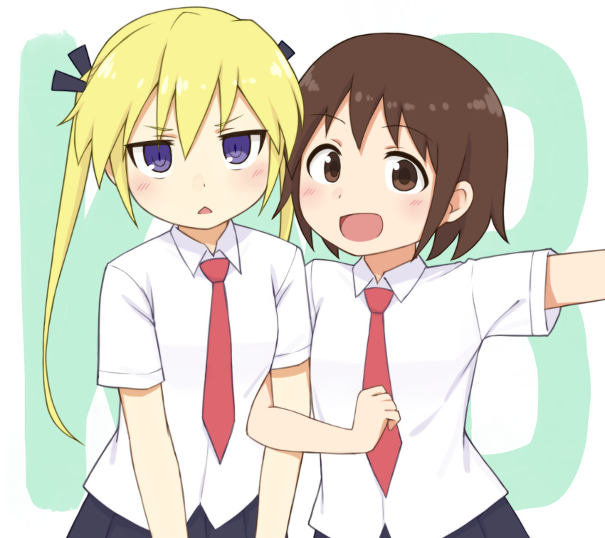 2girls :&lt; :d bangs black_ribbon black_skirt blonde_hair blush brown_eyes brown_hair collared_shirt commentary eyebrows_visible_through_hair hair_between_eyes hair_ribbon happy highres kill_me_baby locked_arms long_hair looking_at_viewer mohya multiple_girls necktie open_mouth oribe_yasuna pleated_skirt purple_eyes red_neckwear ribbon school_uniform shiny shiny_hair shirt short_hair short_sleeves skirt smile sonya_(kill_me_baby) standing twintails upper_body white_background white_shirt