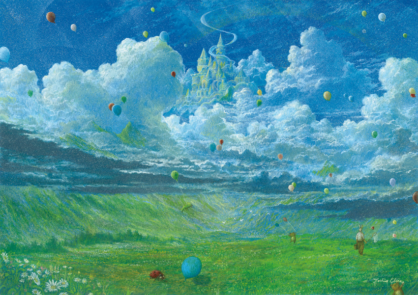 balloon bear bird blue_sky bug bunny castle cloud cloudy_sky commentary_request day ebine_toshio field flower from_behind holding holding_balloon insect ladybug original outdoors scenery signature sky tapir