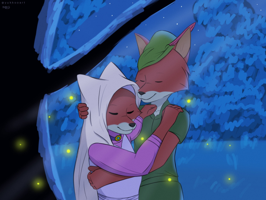 ambient_arthropod ambient_firefly ambient_insect anthro arthropod beetle canid canine canis clothed clothing cuddling disney duo elateroid female firefly fox fur headgear headwear hug insect love maid_marian male male/female mammal night outside robin_hood robin_hood_(disney) romantic_ambiance romantic_couple smile tree yukkooart