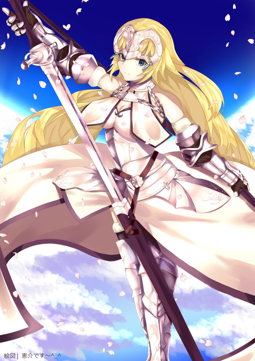 1girl absurdres armor armored_dress blue_eyes breasts chain cleavage detached_sleeves dutch_angle expressionless fate/apocrypha fate/grand_order fate_(series) headpiece highres jeanne_d'arc_(fate) jeanne_d'arc_(fate)_(all) keisuke_desu~ large_breasts long_hair petals sheath solo solo:_a_star_wars_story sword unsheathing waist_cape weapon