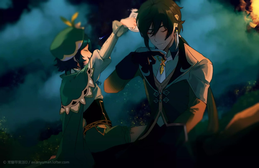 2boys alcohol bangs beer_mug black_gloves black_hair blue_hair blurry blurry_background braid brown_hair cape closed_eyes closed_mouth cloud cloudy_sky cup feathers flower formal genshin_impact gloves gradient_hair green_headwear hair_between_eyes hat highres jacket jewelry leaf long_hair long_sleeves mug multicolored_hair multiple_boys night night_sky open_mouth otoko_no_ko pantyhose ponytail shorts single_earring sky smile suit tongxiao_pang venti_(genshin_impact) white_legwear yellow_eyes zhongli_(genshin_impact)