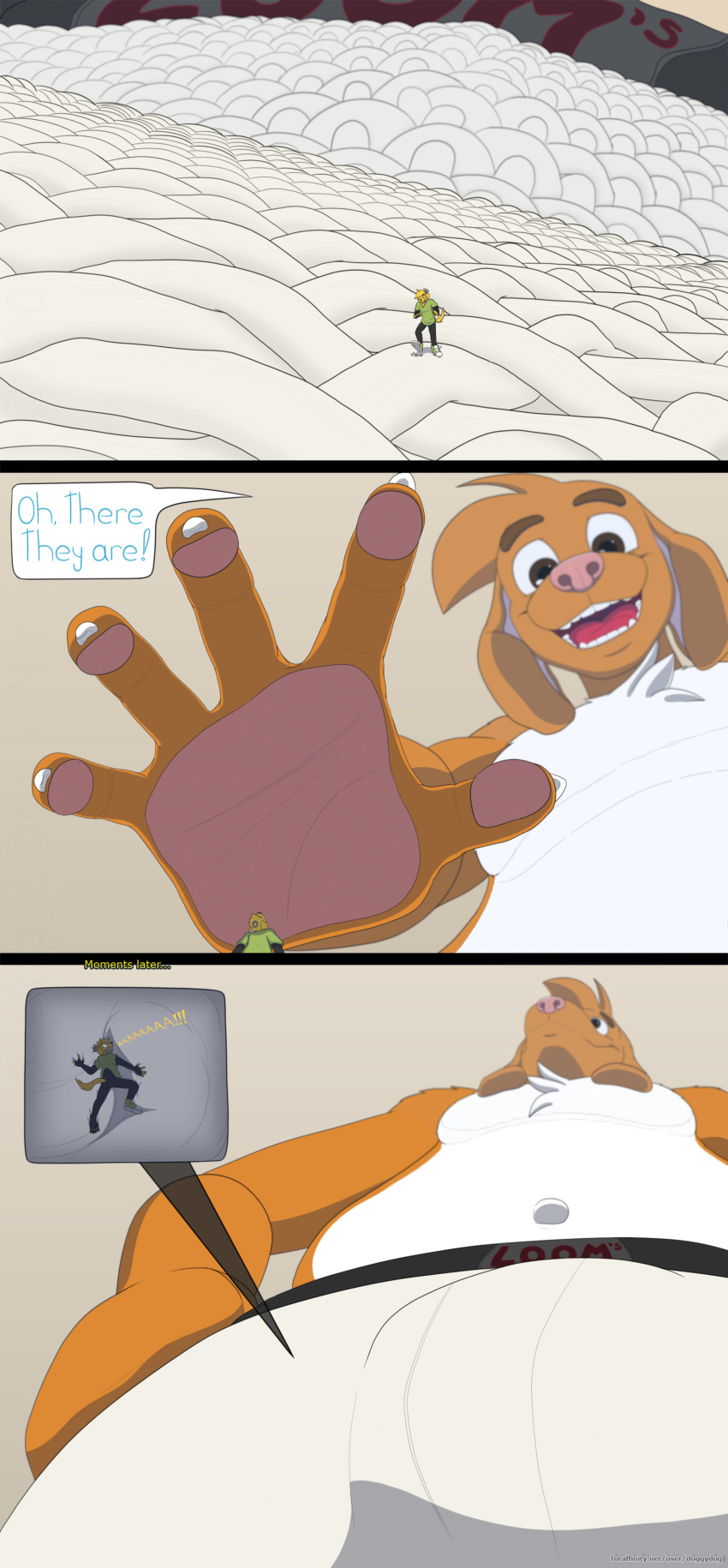 2020 5_fingers absurd_res ambiguous_gender anthro briefs bulge canid canine canis clothing comic doggydog doggydog_(character) domestic_dog duo english_text fingers hi_res low-angle_view male mammal micro multicolored_body nano simple_background speech_bubble text tighty_whities two_tone_body underwear white_background white_clothing white_underwear worm's-eye_view