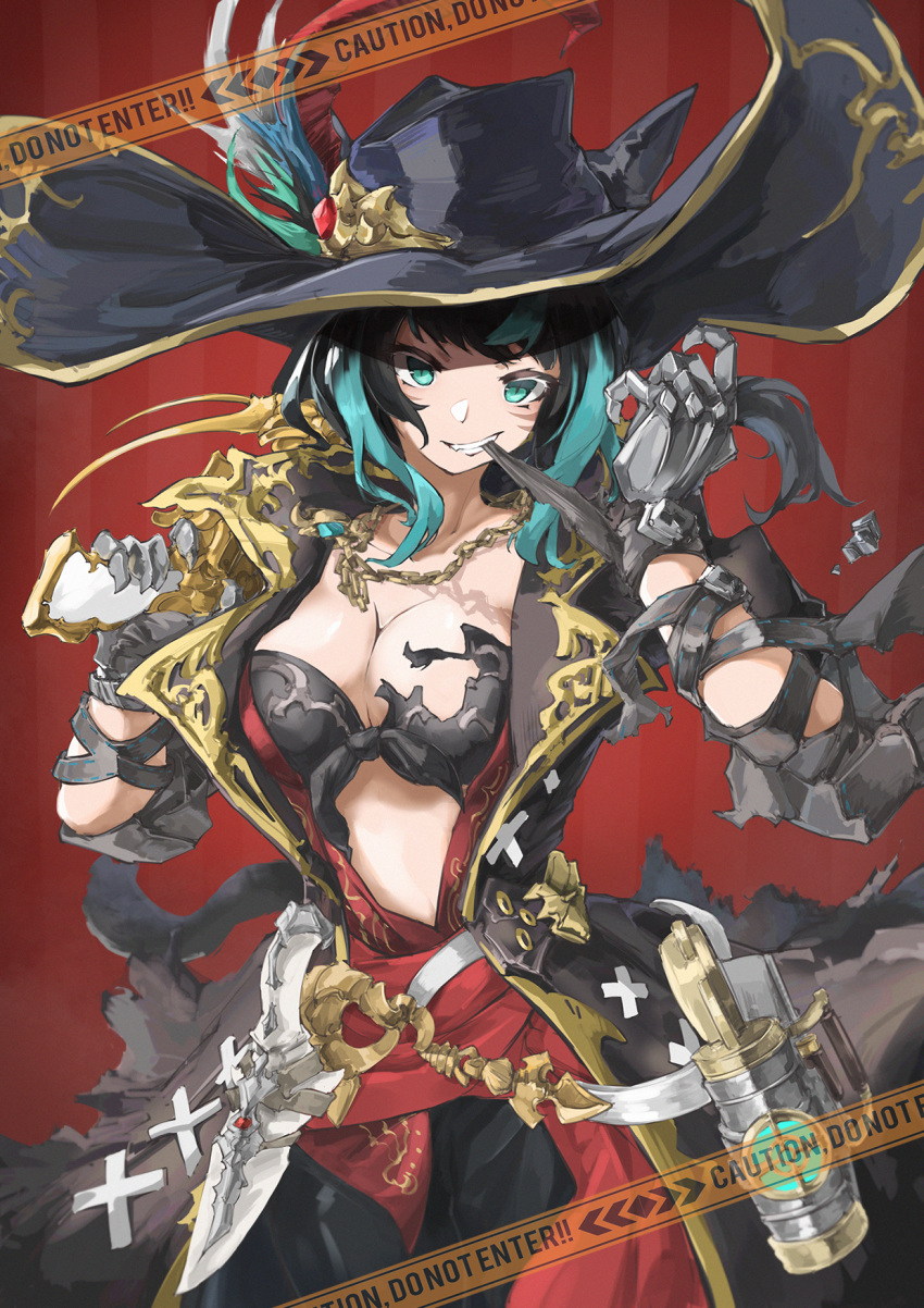 1girl animal_ears belt black_hair bra breasts cat_ears cat_girl cat_tail caution chain chain_necklace cleavage coat commentary_request cowboy_shot english_text facial_mark fictional_persona final_fantasy final_fantasy_xiv front-tie_bra front-tie_top gauntlets green_eyes green_hair grin gun hands_up hat hat_feather highres holding holding_gun holding_weapon jewelry knife large_breasts looking_at_viewer machinist_(final_fantasy) medium_hair miqo'te mouth_hold multicolored_hair necklace over_shoulder pants pendant rifle sign slit_pupils smile solo stomach tail toolbox two-tone_hair underwear warning_sign weapon weapon_over_shoulder whisker_markings xun_li_eins