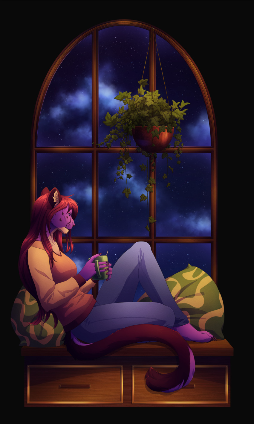 2020 4_toes 5_fingers anthro breasts brown_hair digital_media_(artwork) felid feline female fingers fur hair hi_res inside lynjox lynxyjones mammal night purple_body purple_fur sky solo star starry_sky toes