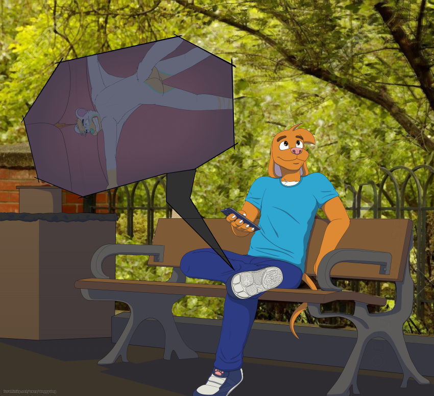2020 absurd_res anthro bench blue_bottomwear blue_clothing blue_pants bottomwear cellphone clothing doggydog doggydog_(character) duo footwear fur hi_res in_shoe jax_(manmadehell) male micro orange_body orange_fur outside pants park_bench phone photo_background shoe_soles shoes sitting sneakers teal_shirt teal_topwear text topwear url white_body white_fur