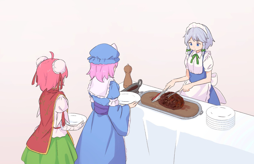 3girls apron bandaged_arm bandages blue_eyes blue_headwear blue_kimono blue_sash bow braid bun_cover chinese_clothes cutting cutting_board double_bun food frilled_apron frills from_above green_bow green_neckwear green_ribbon green_skirt hair_bow hair_ribbon hat highres holding holding_knife holding_plate ibaraki_kasen izayoi_sakuya japanese_clothes kanpa_(campagne_9) kimono kitchen_knife knife long_sleeves maid maid_headdress meat mob_cap multiple_girls neck_ribbon obi pepper pink_hair plate puffy_short_sleeves puffy_sleeves red_ribbon red_tabard ribbon saigyouji_yuyuko sash shirt short_hair short_sleeves skirt soy_sauce table touhou triangular_headpiece twin_braids waist_apron white_shirt wide_sleeves