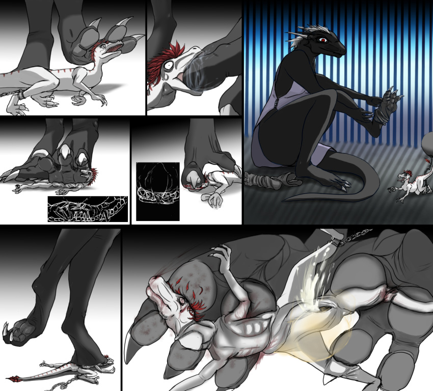 2019 3_toes ahastar ambiguous_gender anthro barefoot black_body blood bodily_fluids broken_bone bruised claws clothing crush dinosaur dromaeosaurid duo feathers footwear forced grey_pawpads hypocrite_(artist) lizard low-angle_view male micro multiple_images pawpads prison_cell red_body red_feathers reptile scalie socks theropod toes trampling white_body white_claws wide_eyed worm's-eye_view x-ray